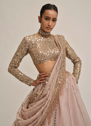 Ash pink full-sleeve lehenga set