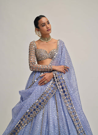 Dew blue cutwork sleeve lehenga set