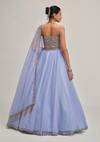 Dew blue organza lehenga corset set
