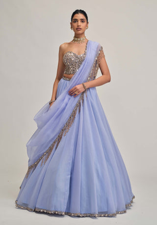 Dew blue organza lehenga corset set