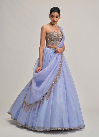 Dew blue organza lehenga corset set