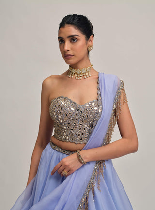 Dew blue organza lehenga corset set