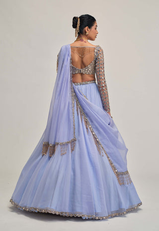 Dew blue cutwork sleeve lehenga set