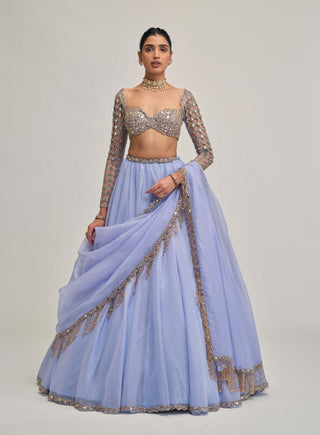 Dew blue cutwork sleeve lehenga set