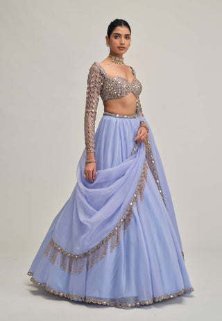 Dew blue cutwork sleeve lehenga set