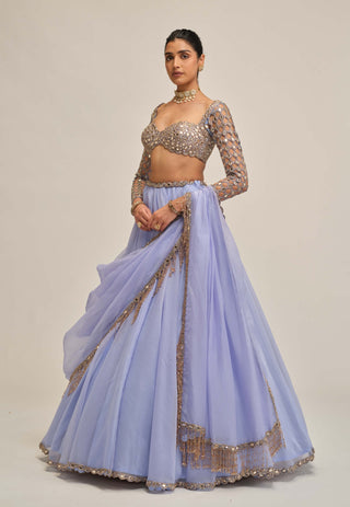 Dew blue cutwork sleeve lehenga set
