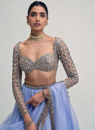 Dew blue cutwork sleeve lehenga set