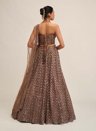 Deep beige flower cutwork lehenga set