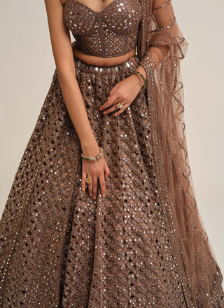Deep beige flower cutwork lehenga set