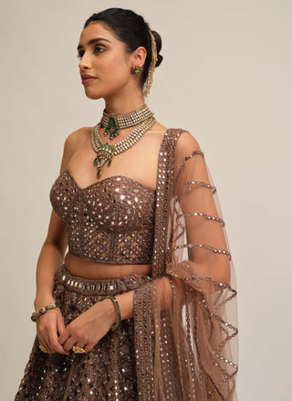Deep beige flower cutwork lehenga set