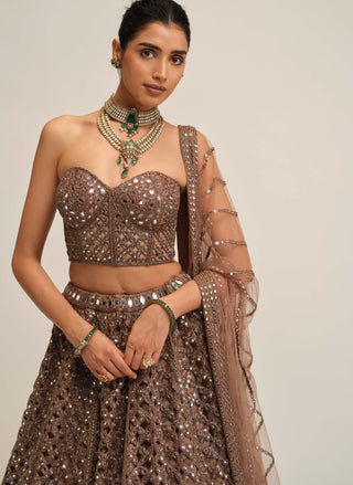Deep beige flower cutwork lehenga set