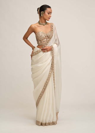 Off white satin organza cutwork border sari set