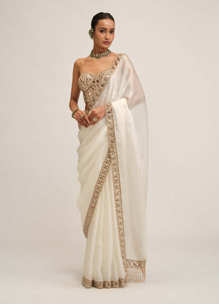 Off white satin organza cutwork border sari set