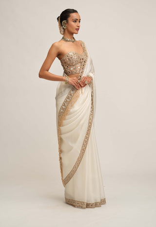 Off white satin organza cutwork border sari set