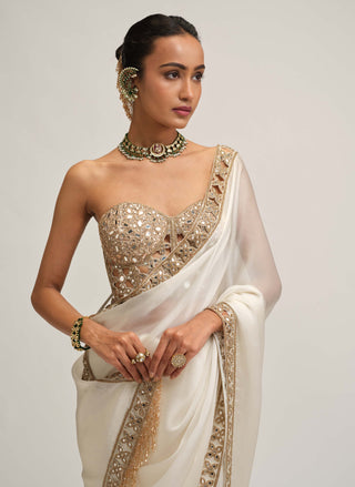 Off white satin organza cutwork border sari set