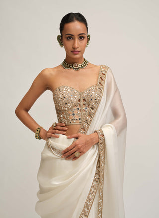 Off white satin organza cutwork border sari set