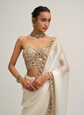 Off white satin organza cutwork border sari set