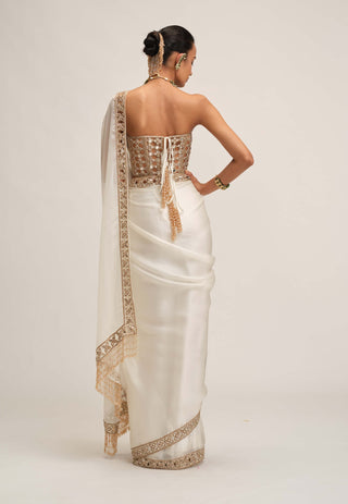 Off white satin organza cutwork border sari set