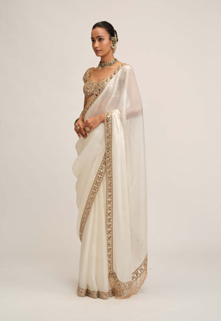 Off white cutwork border sari set