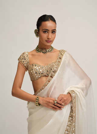 Off white cutwork border sari set