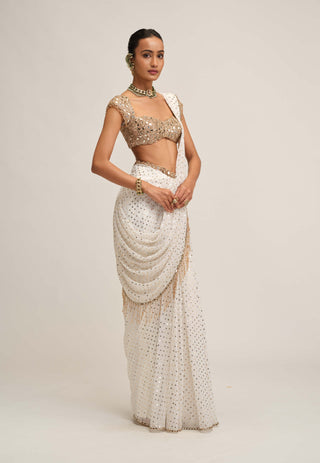 Off white draped sari set