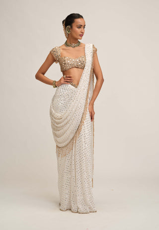 Off white draped sari set