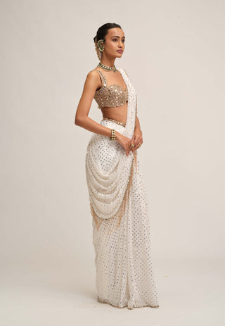 Off white sequin sari set