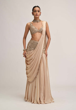 Light beige satin draped sari set
