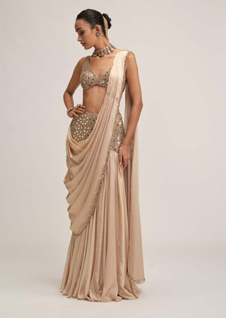 Light beige satin draped sari set