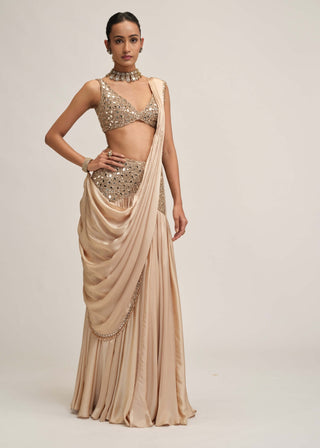 Light beige satin draped sari set