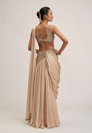 Light beige satin draped sari set