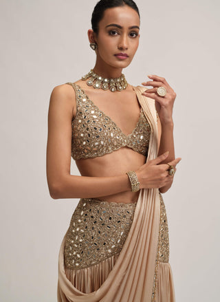 Light beige satin draped sari set