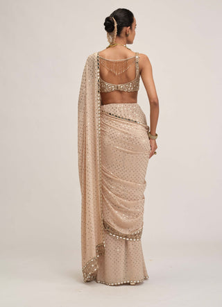 Light beige round-neck cutwork sari set