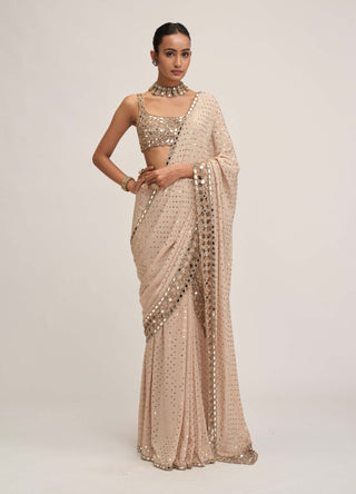 Light beige round-neck cutwork sari set