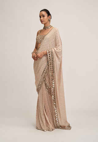 Light beige round-neck cutwork sari set