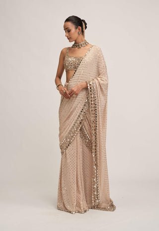 Light beige round-neck cutwork sari set