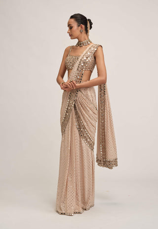 Light beige round-neck cutwork sari set