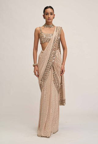 Light beige round-neck cutwork sari set