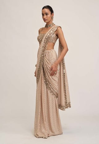 Light beige round-neck cutwork sari set