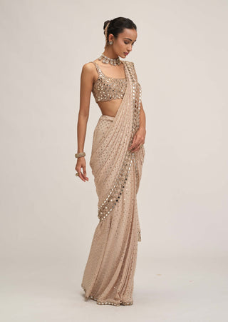 Light beige round-neck cutwork sari set