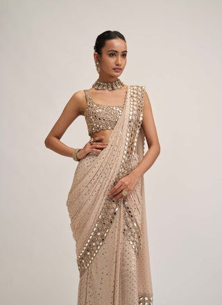 Light beige round-neck cutwork sari set