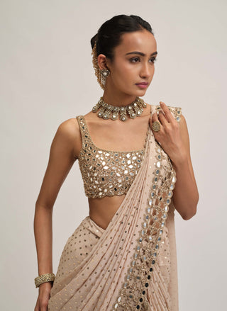 Light beige round-neck cutwork sari set
