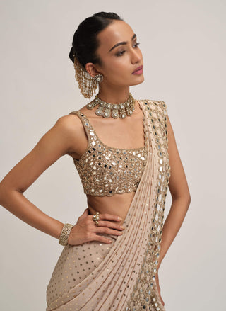 Light beige round-neck cutwork sari set