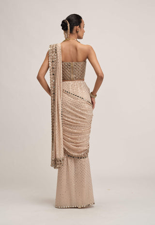 Ash pink linear mirror sari set
