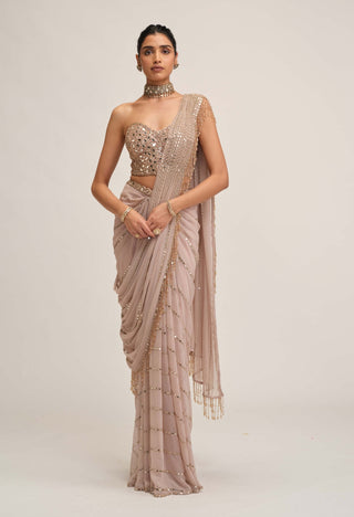 Ash pink linear mirror sari set