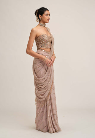 Ash pink linear mirror sari set
