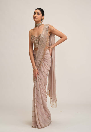 Ash pink linear mirror sari set