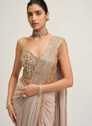 Ash pink linear mirror sari set
