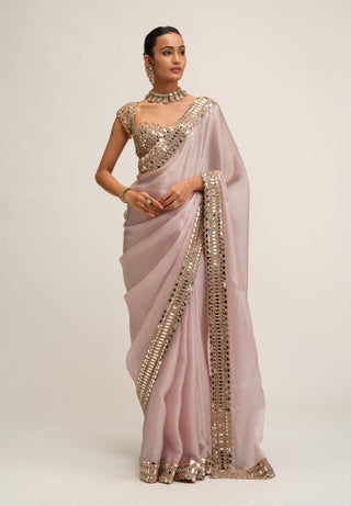 Ash pink satin organza sari set
