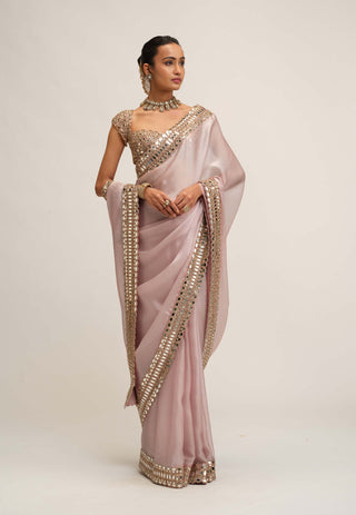 Ash pink satin organza sari set